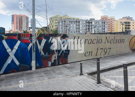 Wall murals in Santa Cruz on Tenerife depicting Admiral Nelson`s repelled attack on the city in 1797. Stock Photo